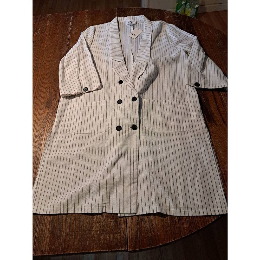 New Medium P Cill Off White Black Cotton Deep VNeck Dress Dress Jacket Striped